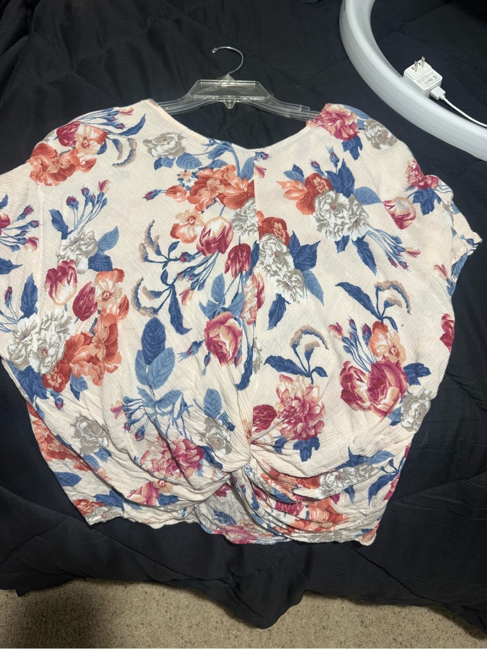 Floral Twist-Front Women's Top in Cream and Blue